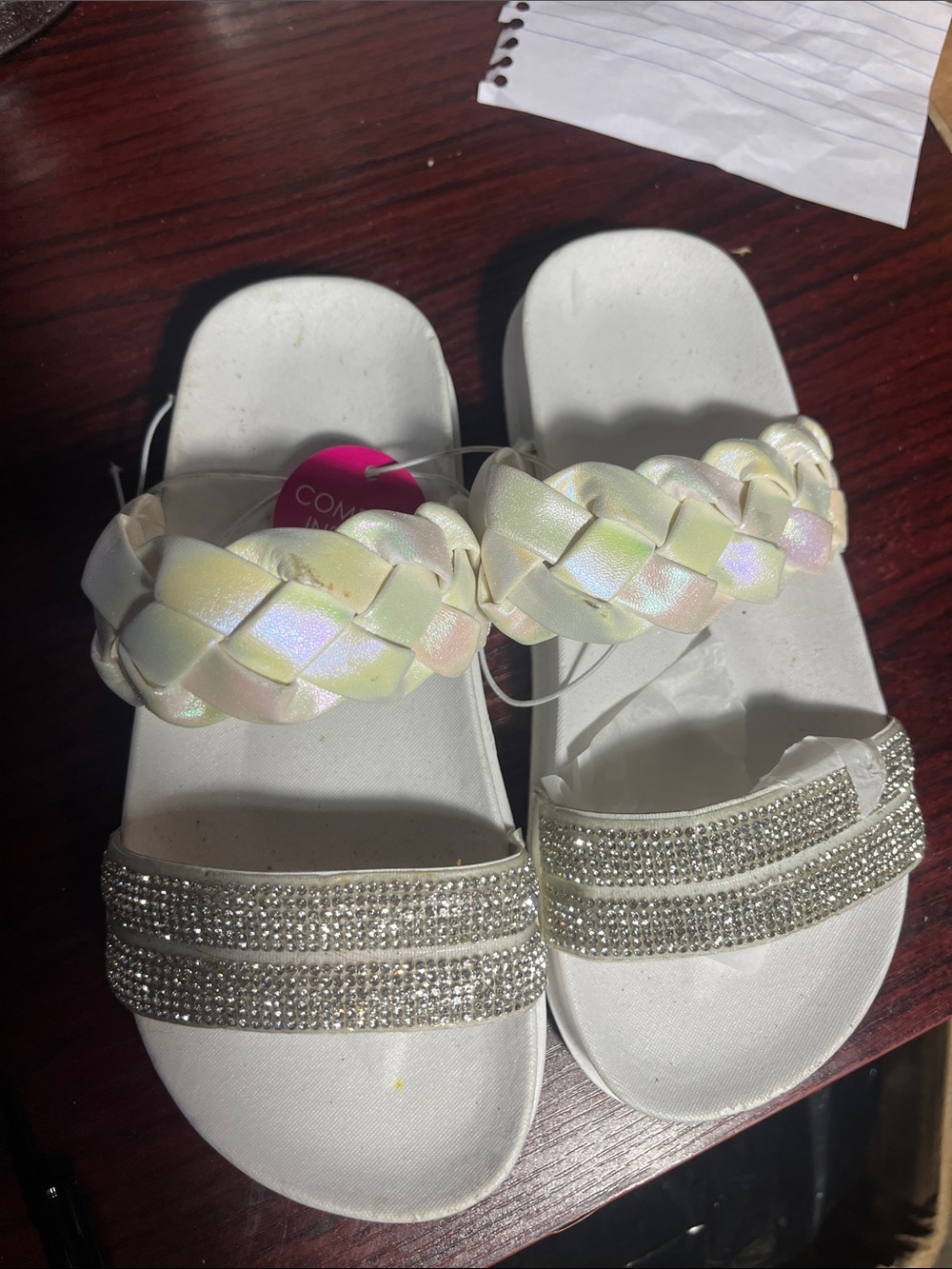 Kids Iridescent Braided Strap Slide Sandals with Rhinestone Accent size 12/13